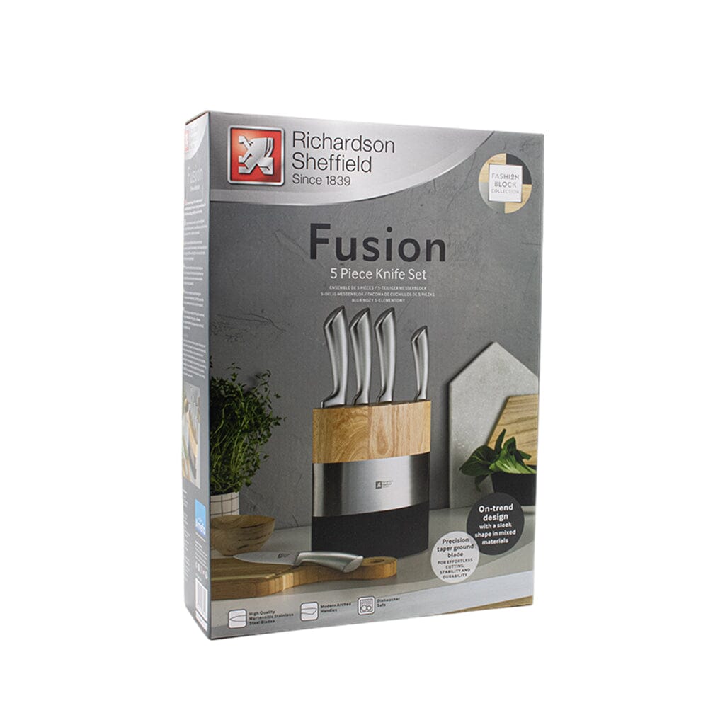 Richardson Sheffield - Fusion 5-delige Messenset met Messenblok - Naturel Hout & Zwart Messenset met blok Richardson Sheffield 
